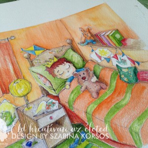 Grafika az alvó kisfiúról és a macijáról (részlet)