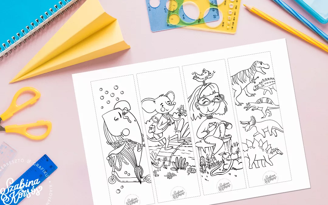 Letölthető, színezhető könyvjelzők gyerekeknek, 4 rajzommal